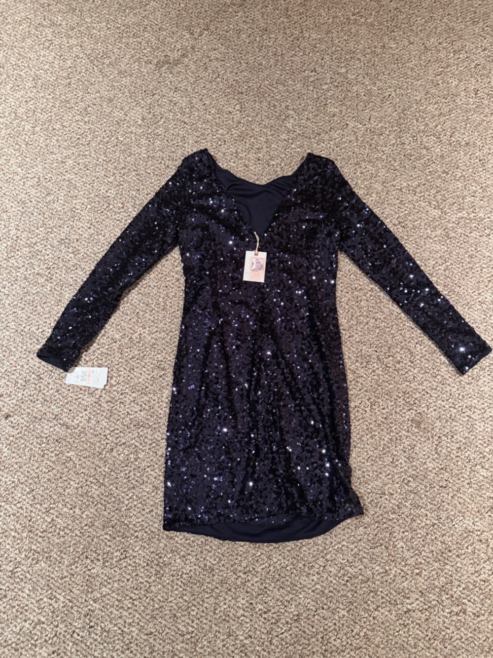 Jessica Simpson Black Navy Sequin Long Sleeve Party Dress